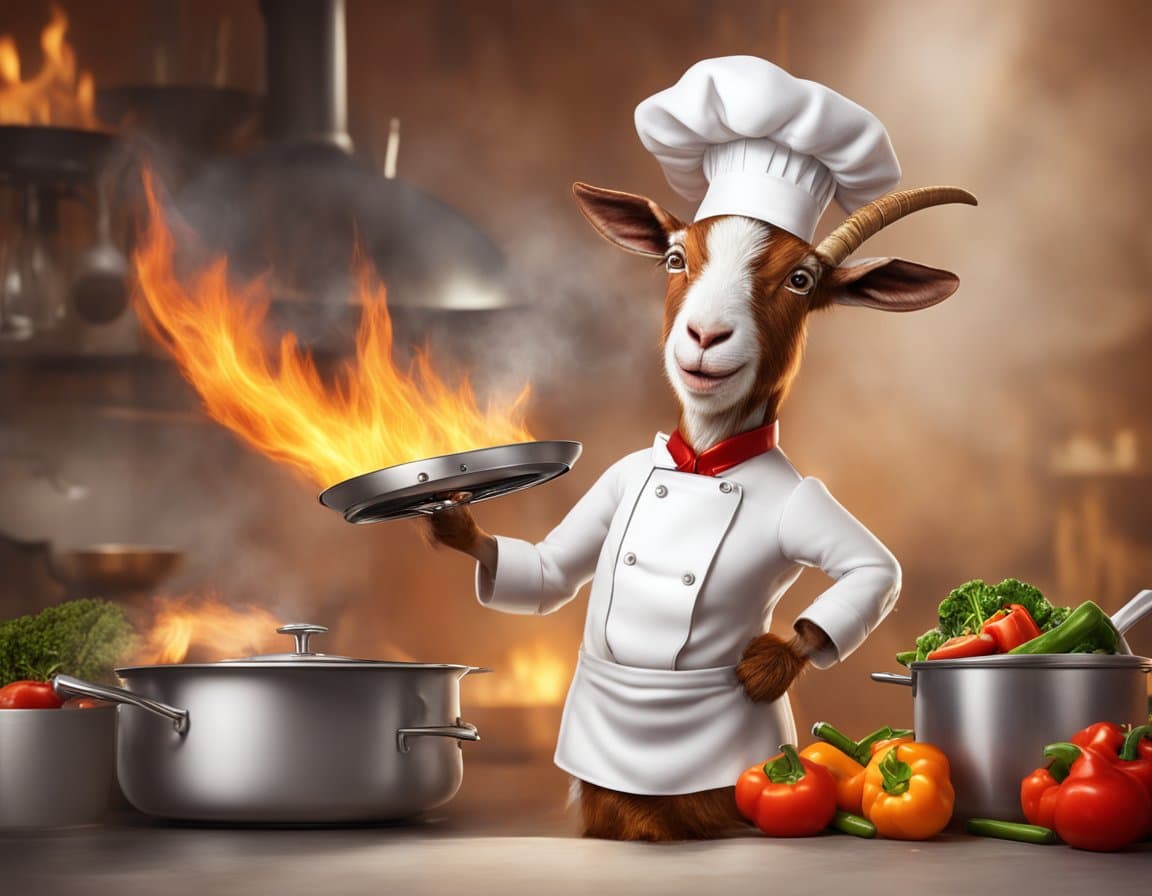 Chef goat flipping a flaming skillet