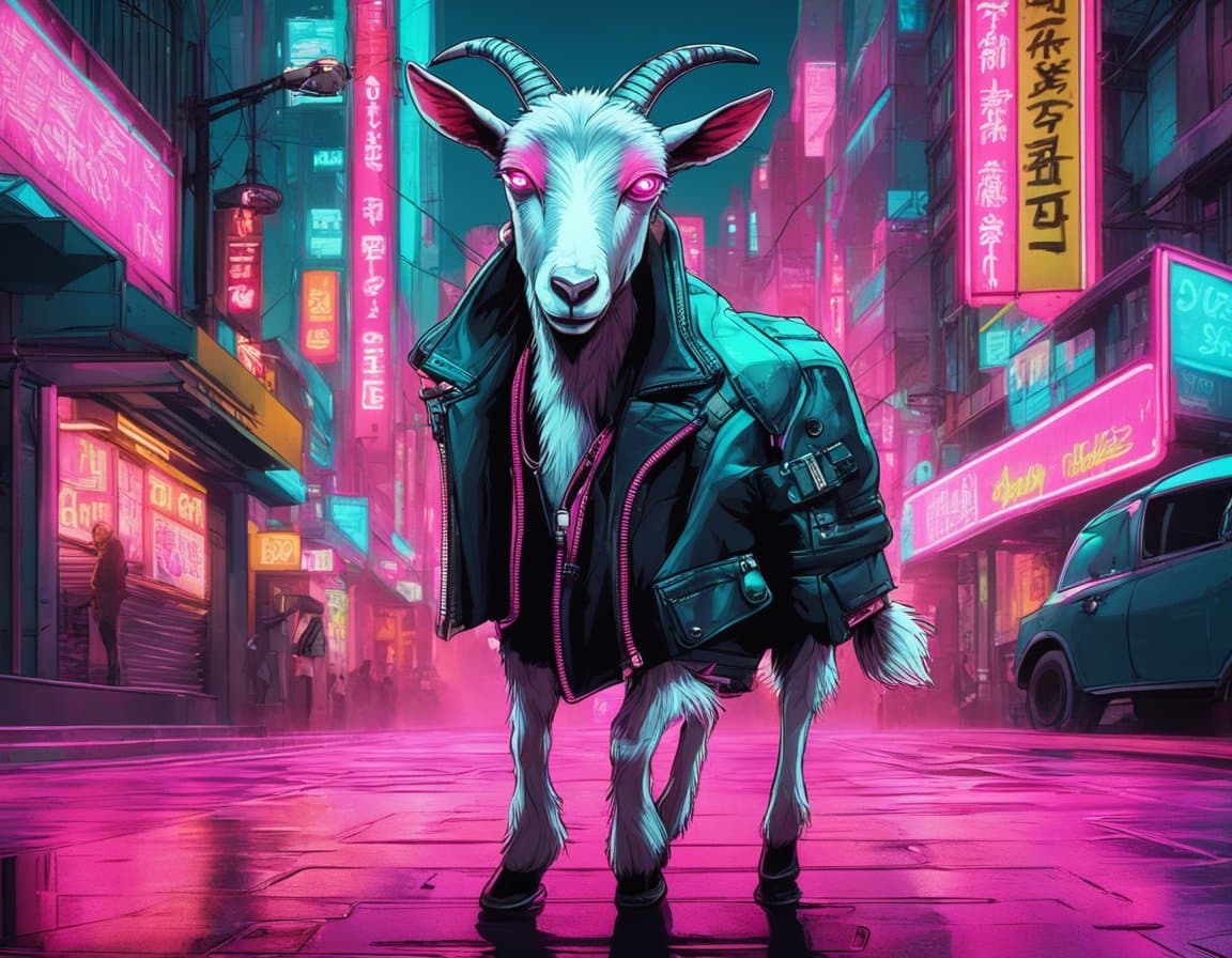 Cyberpunk goat in neon Tokyo alley