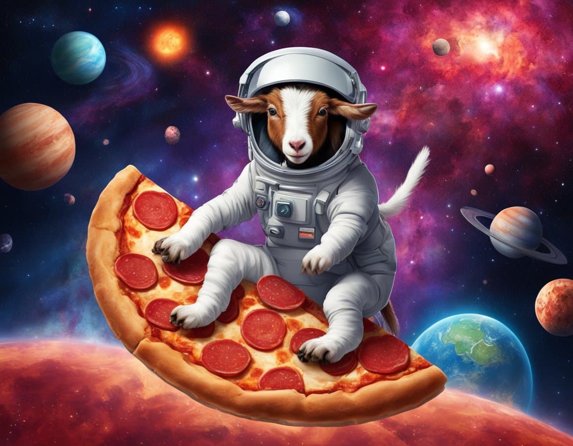 Goat astronaut riding a pizza through space