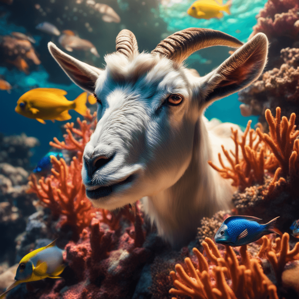 Goat scuba diving over a coral reef
