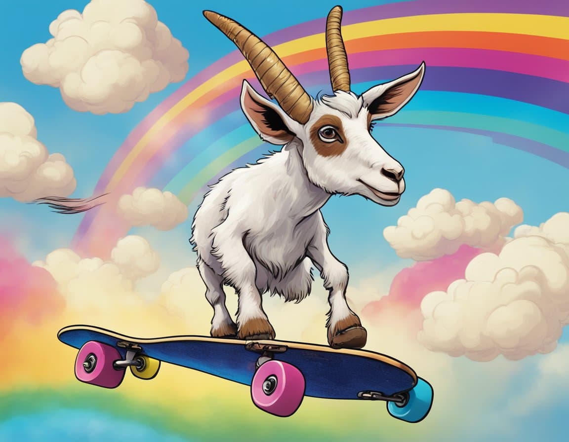 Goat skateboarding down a rainbow