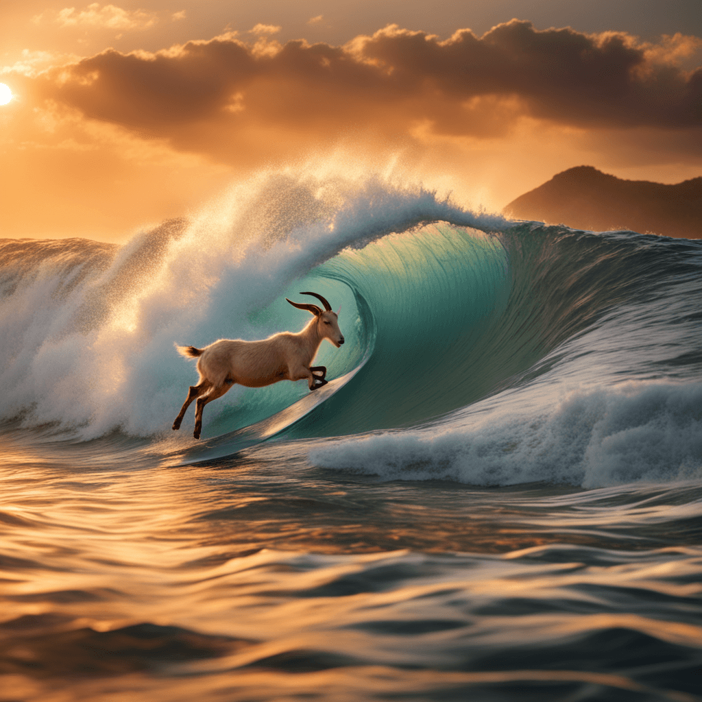 Goat surfing a giant wave at sunset