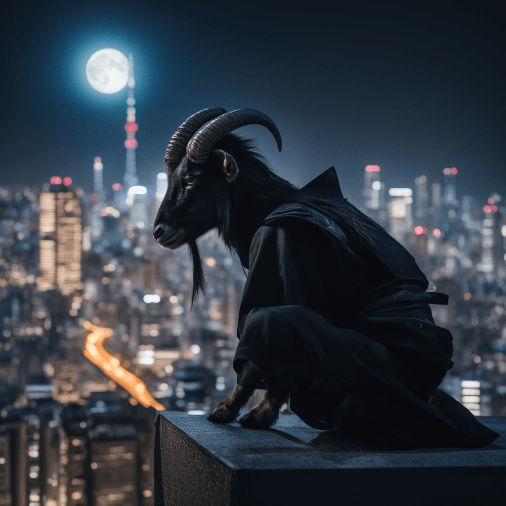 Ninja goat on a moonlit Tokyo rooftop