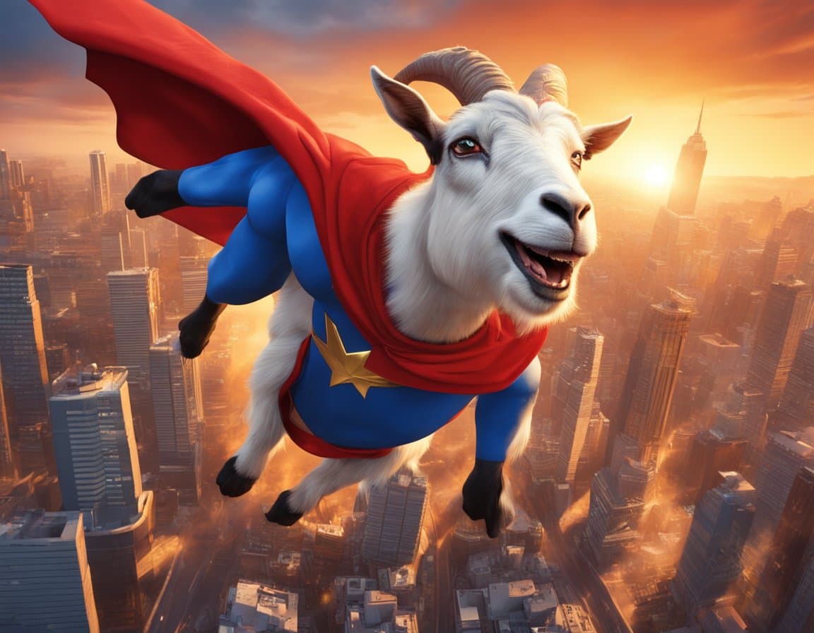 Superhero goat soaring over the city