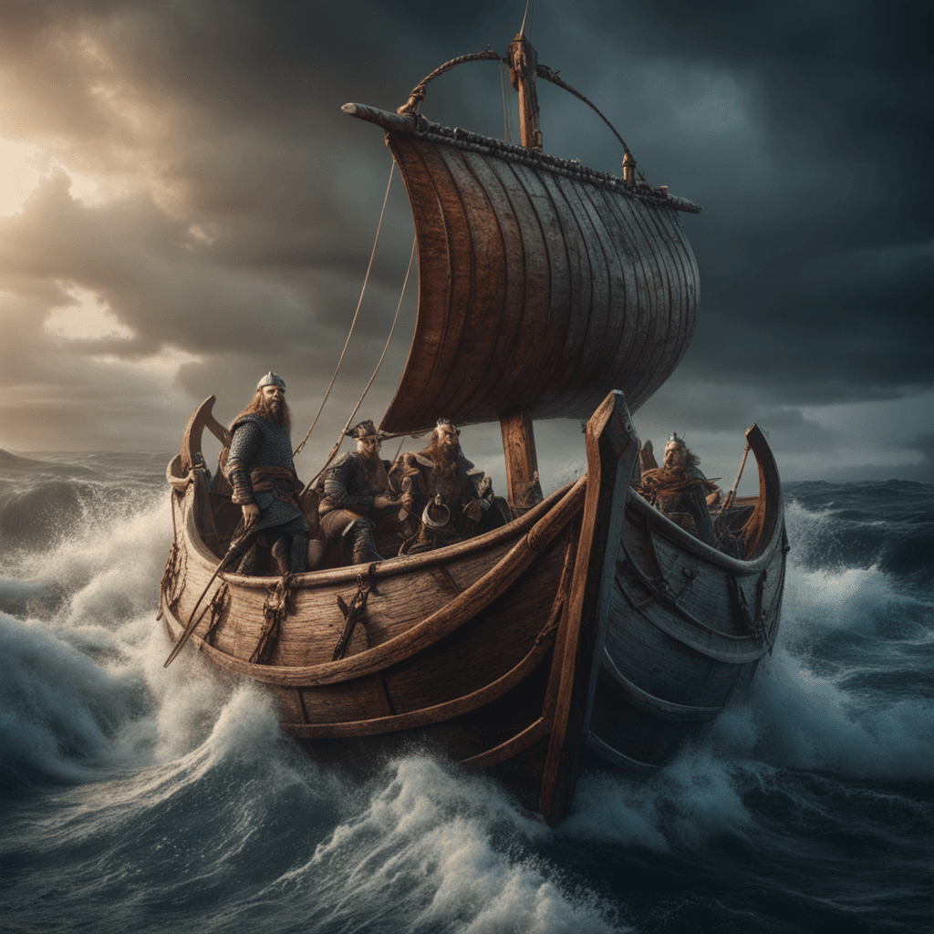 Viking goat steering a longship through a storm